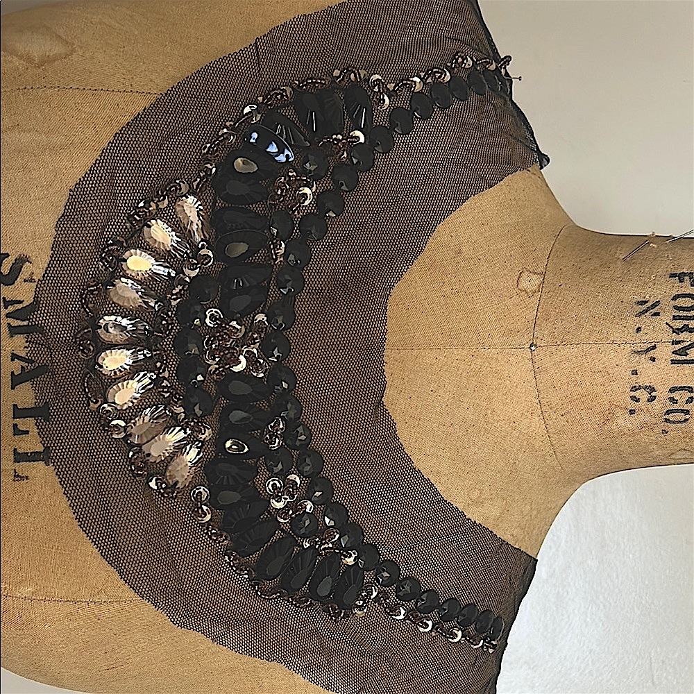 Black and Gold Beaded Mesh Applique